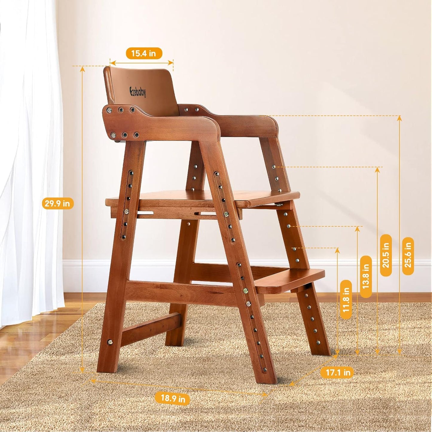 Ezebaby Wooden High Chair Adjustable Highchair for Toddlers to Teens with Steps