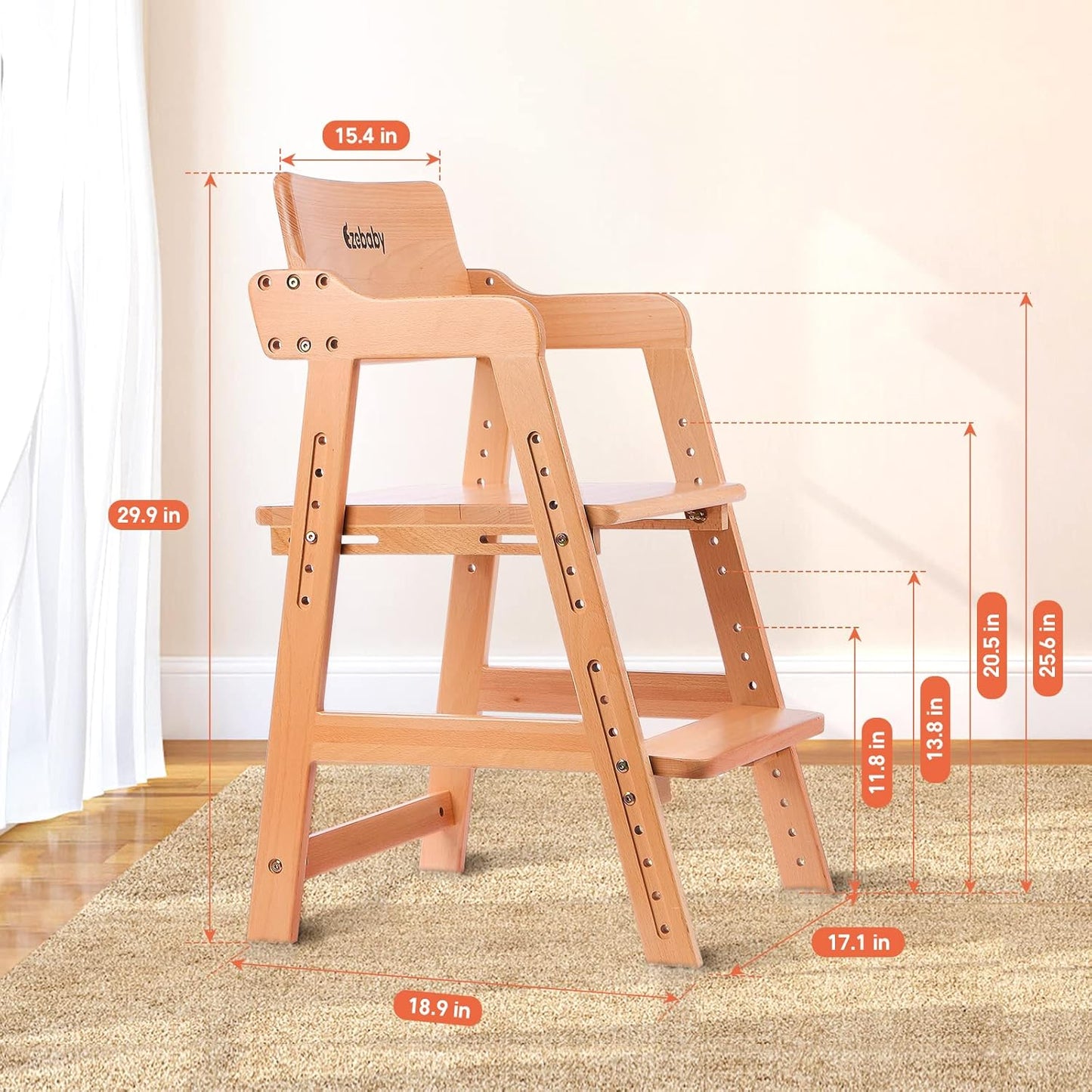 Ezebaby Wooden High Chair Adjustable Highchair for Toddlers to Teens with Steps